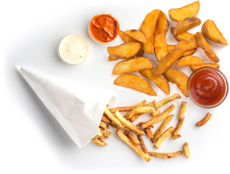 Shoe string and wedge fries with ketchup and marinara sauce